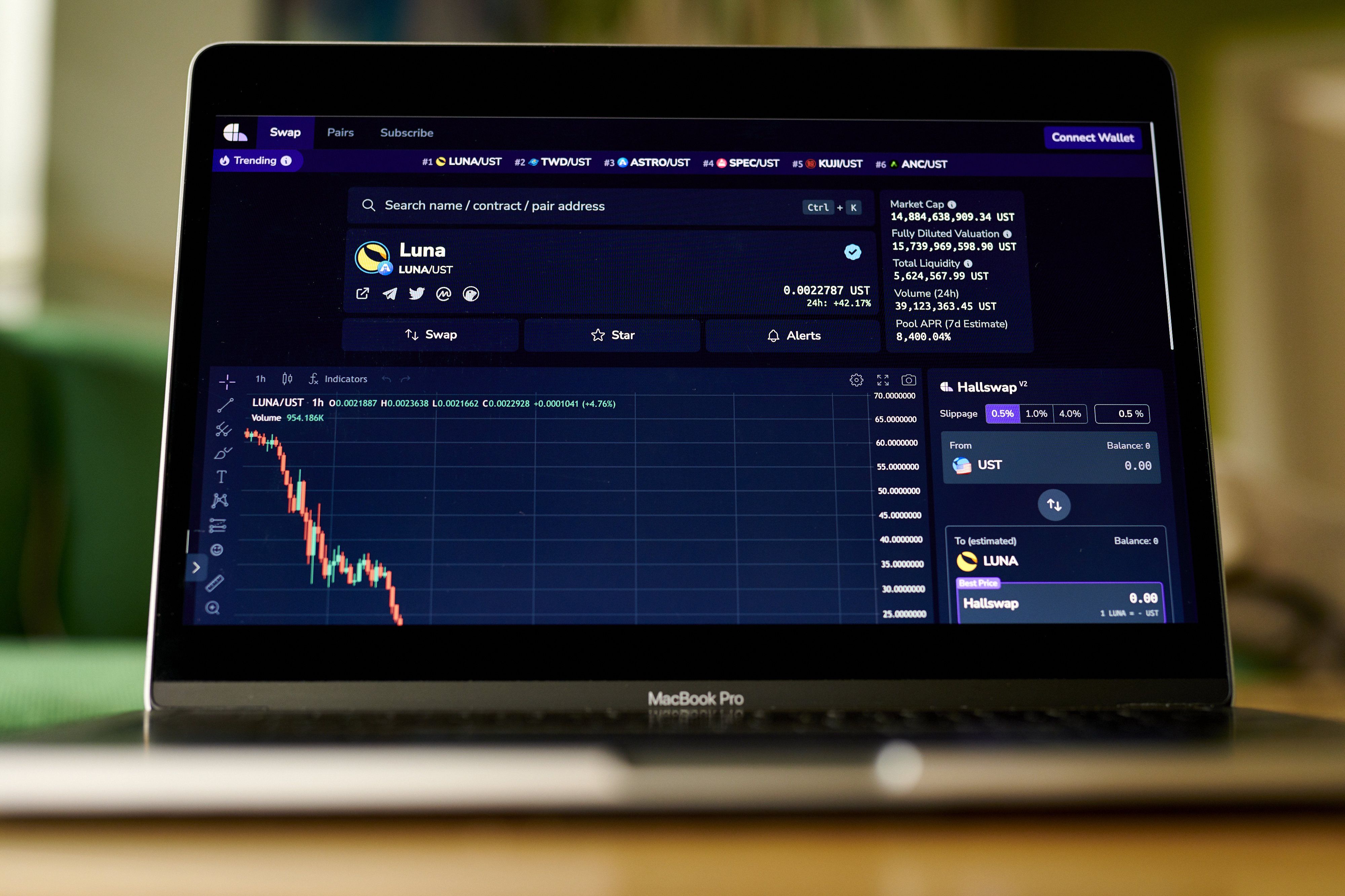 The Terra Luna stablecoin logo on a laptop