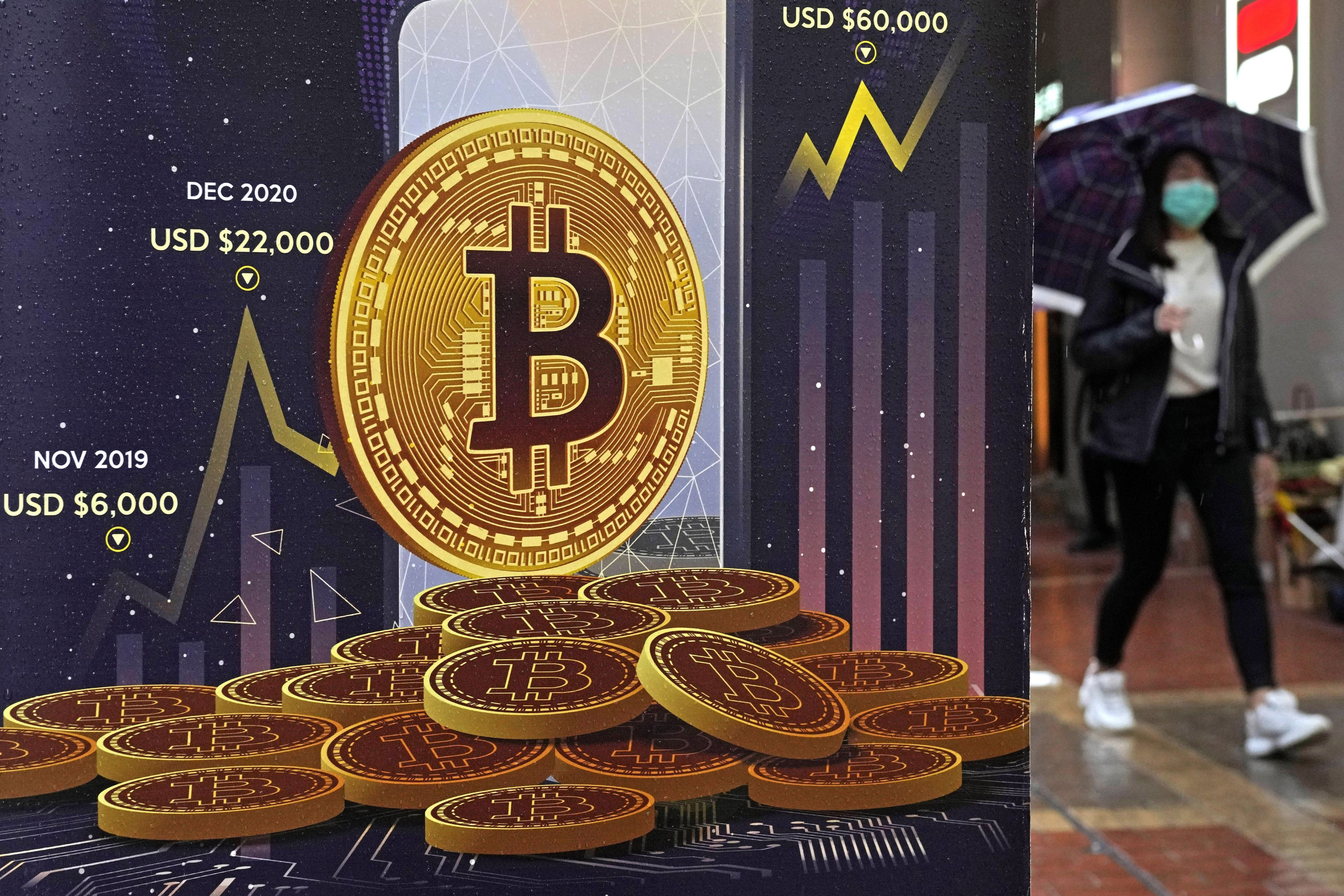 An advertisement for Bitcoin cryptocurrency is displayed on a street in Hong Kong